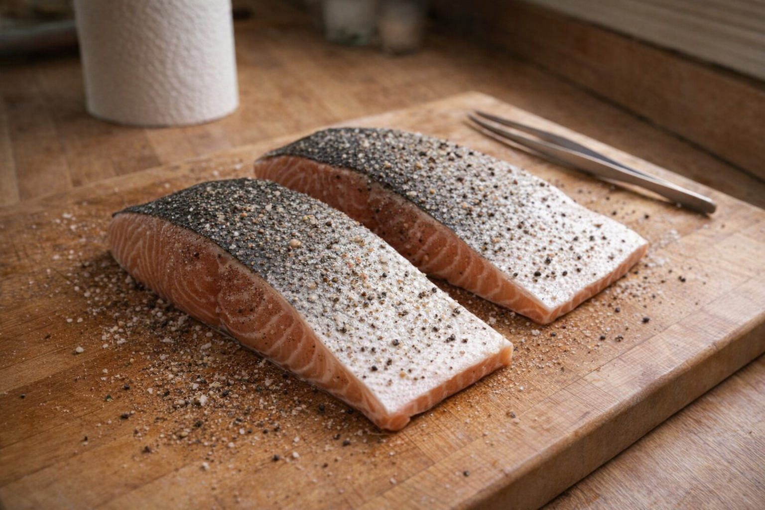 A high-angle shot of two salmon fillets, skin side up, on a wooden cutting board, seasoned with salt and pepper, with a pair of tweezers and a roll of paper towels in the background